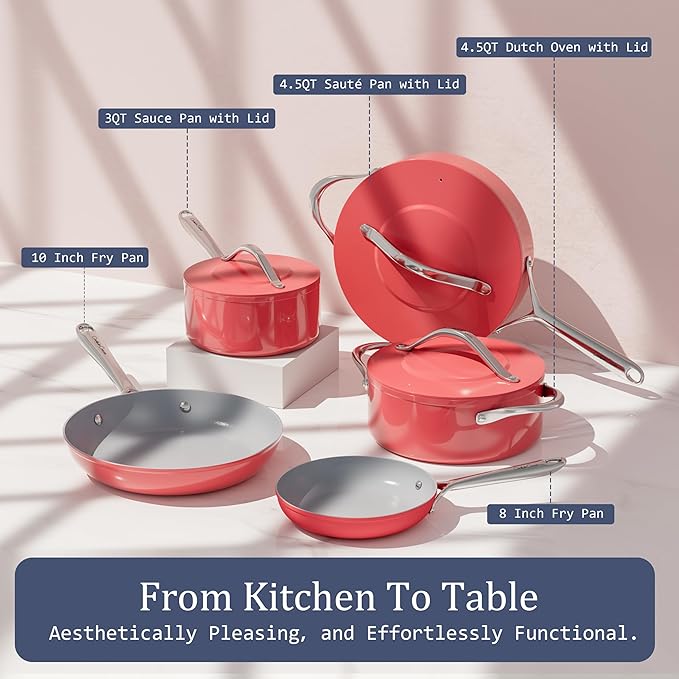 CookinCraze Nonstick Ceramic Sauté Pan with Lid (4.5 qt, 11") Deep Frying Pan for All Cooktops Non Toxic Skillet PTFE/PFAS Free Dishwasher & Oven Safe up to 500°F w/Stainless Steel Handle, Fusion Red