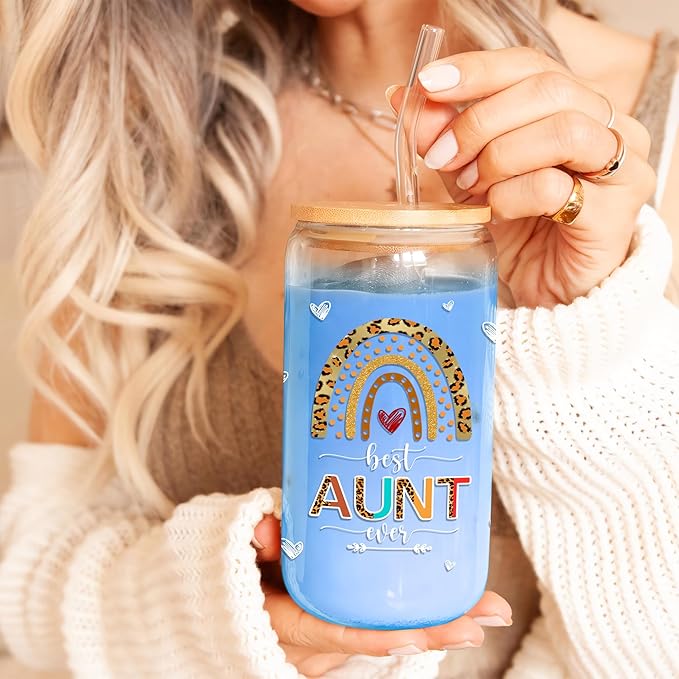 Aunt Gifts from Niece Nephew 16 Oz Coffee Glass Cup with Lid and Straw Aunty Glass Can Christmas Gift for Auntie New Aunts To Be Aunts Announcement Mothers Day Birthday