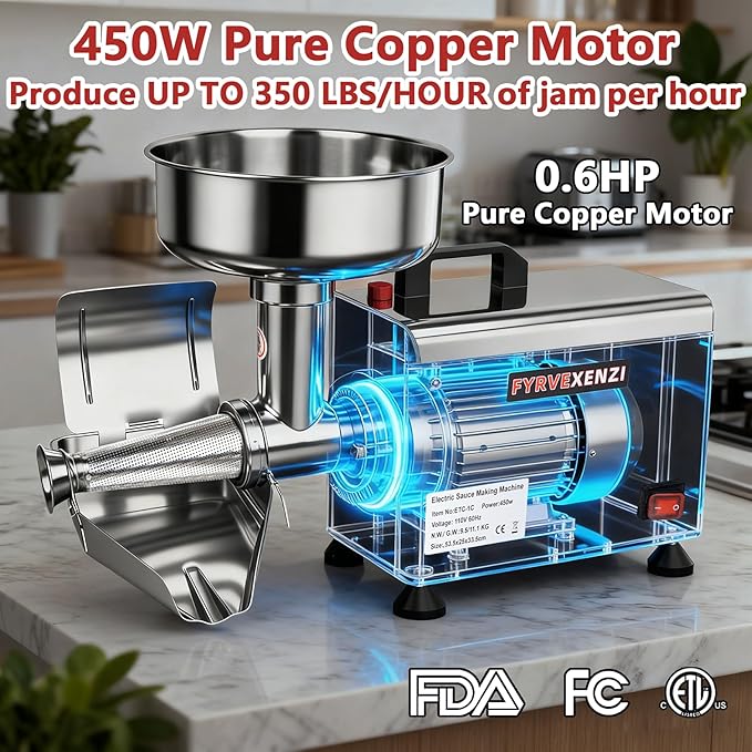 450W Electric Tomato Strainer & Sauce Maker, 110V Commercial Grade Food Mill for Tomato Sauce, Jam & Juice | 304 Stainless Steel Tomato Press, Tomato Grinder for Sauce, 200–350 lbs/h, ETC-1C