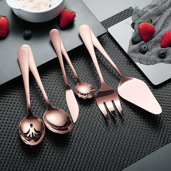 Berglander Stainless Steel Rose Gold Titanium Plated Flatware Serving Set 6 Pieces, 5 Serving Pieces of 45 Pieces Flatware With 1 Cake Server, Copper Serving Silverware Set (Shiny Rose Gold)