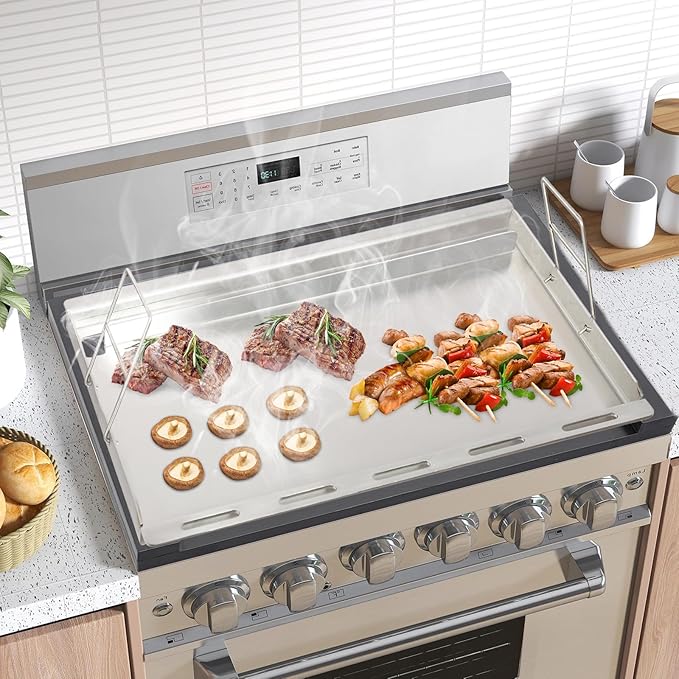 25" x 20" Stainless Steel Griddle Insert for Gas Grill, Flat Top Plate Insert with Grease Drain Hole and Removable Handles for Gas and Charcoal Grills, Camping and Parties