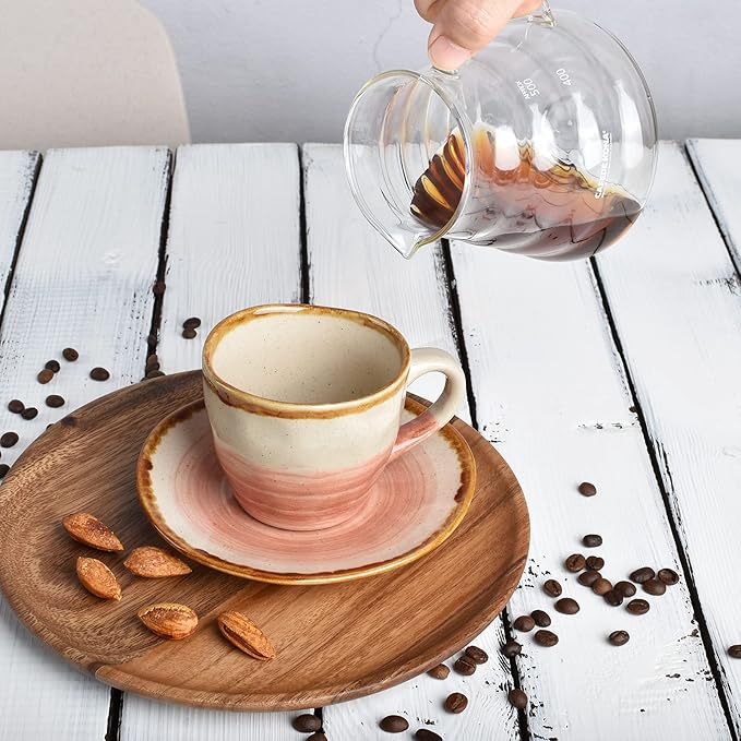 Bosmarlin Stoneware Coffee Cup Mug with Saucer Set of 2 for Latte, Cappuccino, Tea, Oz, Dishwasher and Microwave Safe (Salmon Pink, 2)
