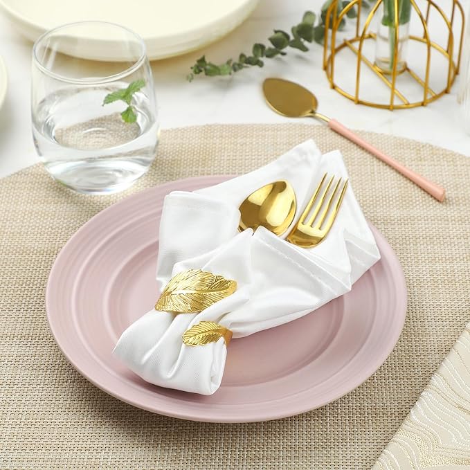 Napkin Rings Set of 12, Shiny Gold Napkin Rings, Smooth, Easy Care, Solid Metal Laurel Leaf Shaped Elegant Table Decor, Stylish Napkin Ring Bulk for Holidays Wedding, Party, New Homes Gift