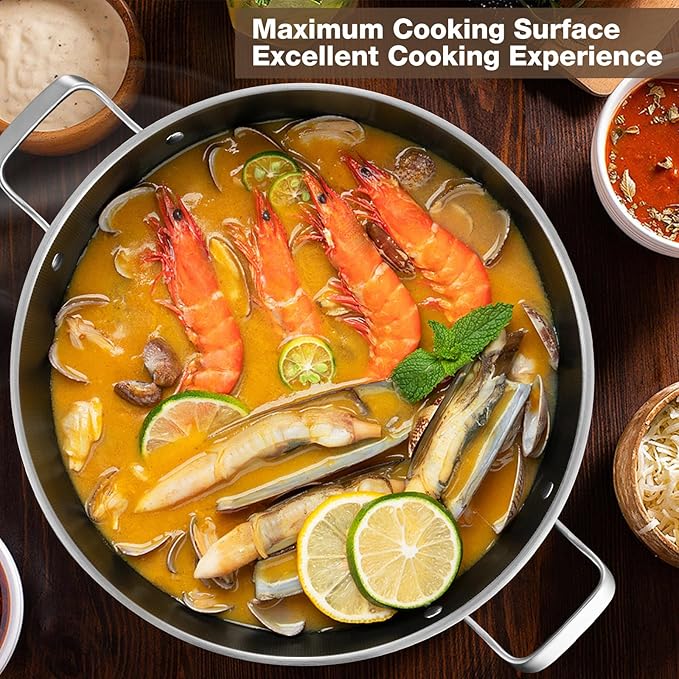 Yeksum Tri-Ply 14.5 Inch Stainless Steel Paella Pan,12 Servings Paella Pan with Lid,18/10 Nonstick Large Skillet,Jumbo Cooker,Induction Pan,Skillets,for Outdoors,Camping,Parties