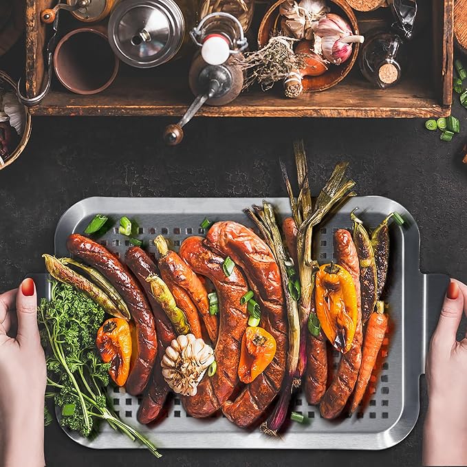 COOK TIME Grill Pan Set of 2, BBQ Grill Topper for Outdoor Grill, Stainless Steel Grilling Baskets with Holes and Handles, Perforated Food Tray Barbecue Accessories for Vegetable, Fish, Large
