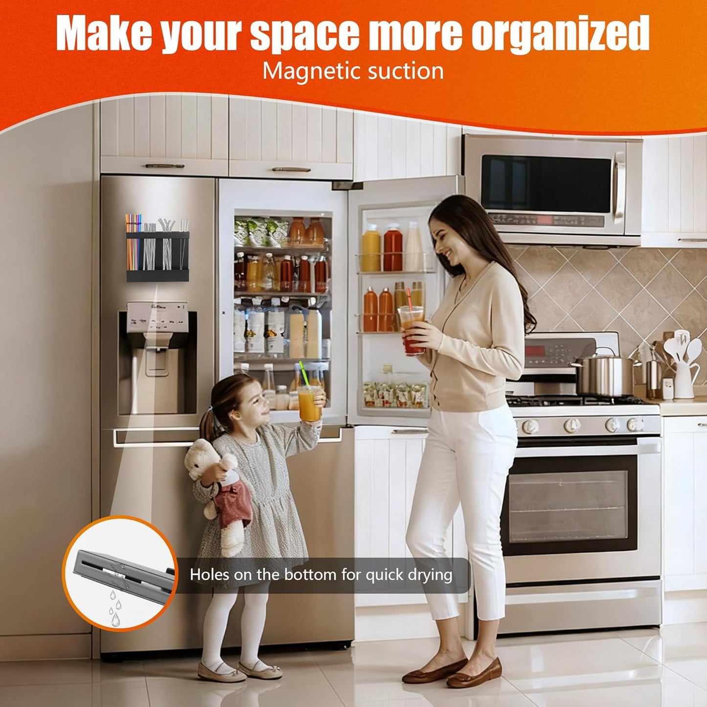 Magnetic Straw Organizer for Cabinet Door – Carbon Steel Straw Holder with Drain Holes, 4-Compartment Utensil Storage Rack for Reusable Straws, Spoons, and Coffee Bar Accessories