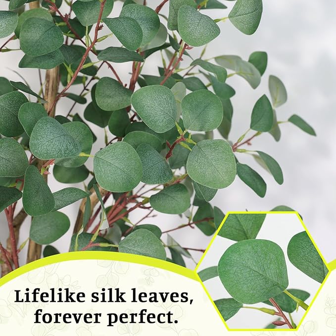 Artificial Eucalyptus Trees with White Planter, 8 FT Faux Eucalyptus Plants Indoor Tall Fake Floor Trees with Silk Leaves and Thick Trunk for Living Room Bedroom Corner Home Office Decoration