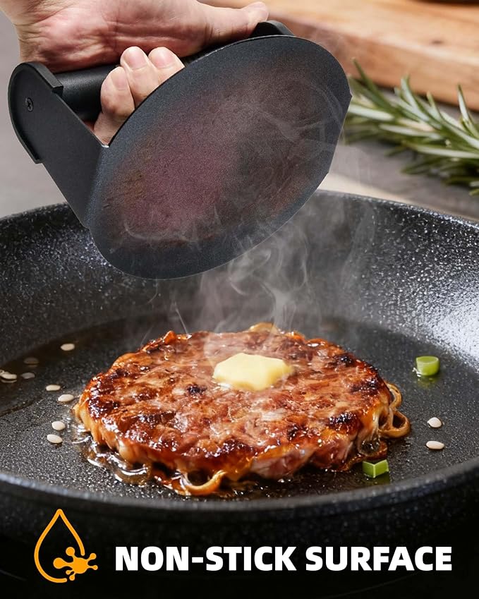 Burger Press, 6'' Round Burger Smasher for Griddle with Heat-Resistant Handle, Teflon-Coated Iron Non-Stick Hamburger Smasher Tool for Flat Top Griddle, Grill, BBQ, Cooking, Gift Package