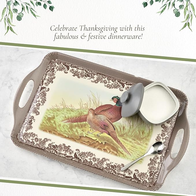 Pimpernel Woodland Large Handled Tray- Large Rectangular Melamine Serving Tray with Nature-Inspired Forest Design - Dishwasher Safe Platter for Snacks Breakfast Lunch or Seasonal Kitchen Table Display