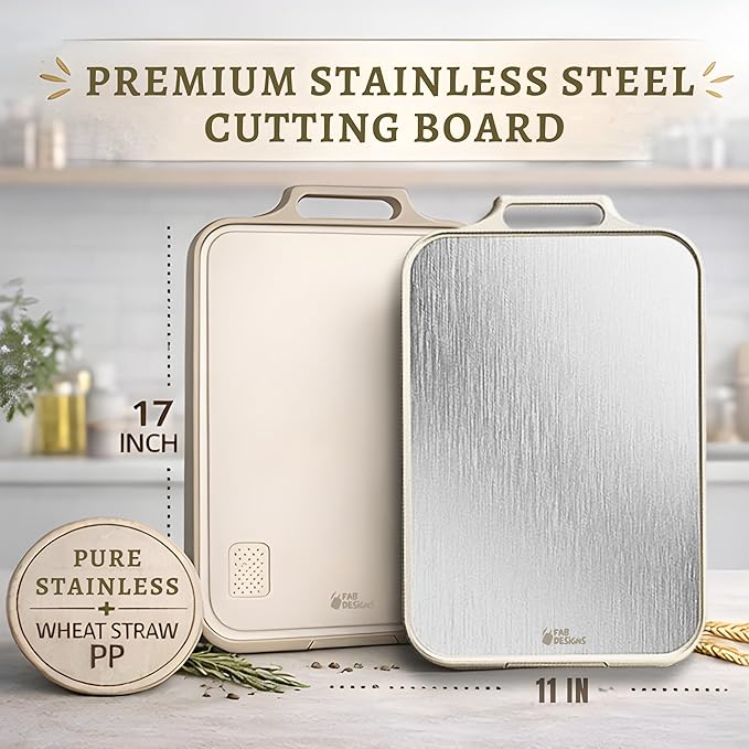 Stainless Steel Cutting Board, Double Sided Steel Cutting Boards for kitchen, Non Toxic Stainless Steel/Wheat straw pp Large size for meat,17 * 11 Inch,Dishwasher Safe,luxury style Aesthetic chopping