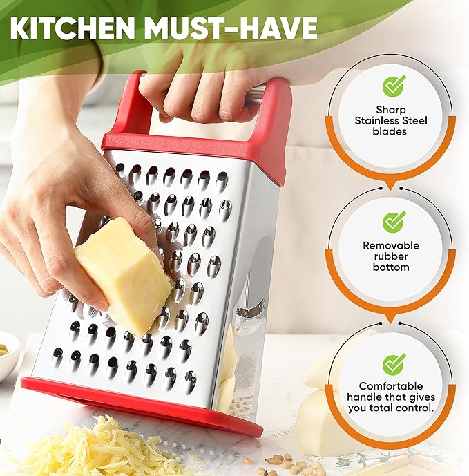 Spring Chef Stainless Steel XL Box Grater & Premium Lemon Zester - 2 Product Bundle - Red