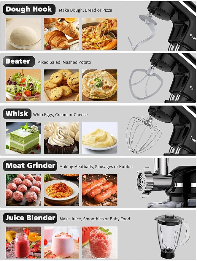 Stand Mixer 9 IN 1, 850W Tilt-Head Multifunctional Electric Mixer with 8 QT Stainless Steel Bowl, 1.5L Glass Jar, Meat Grinder, Hook, Whisk, Beater Dishwasher Safe (Black)