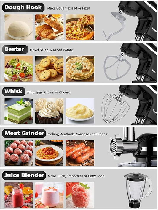 Stand Mixer 9 IN 1, 850W Tilt-Head Multifunctional Electric Mixer with 8 QT Stainless Steel Bowl, 1.5L Glass Jar, Meat Grinder, Hook, Whisk, Beater Dishwasher Safe (Black)