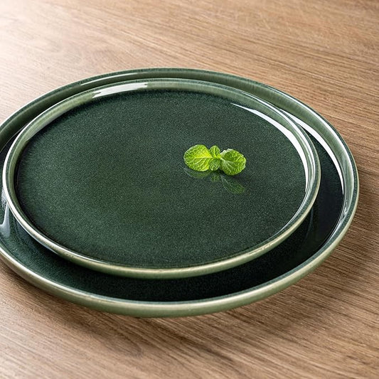 GBHOME Ceramic Dinnerware Sets for 4, 12 Pieces Stoneware Plates and Bowls Sets, Scratch Resistant Dishes, Dishwasher & Microwave Safe, Reactive Glaze-Earth Green