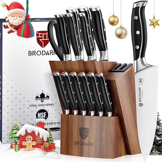 BRODARK Kitchen Knife Set: Full Tang 15 Pcs Professional Chef Knife Set with Sharpener, Razor-sharp Knives Set for Kitchen, German Stainless Steel Knife Block Set, Gift Box for Men Women