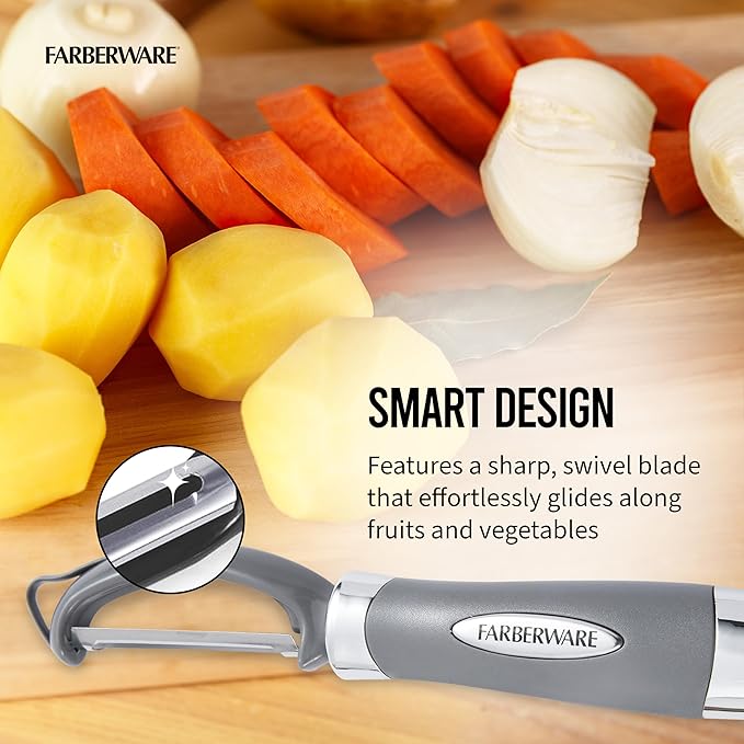Farberware Euro Peeler, a Kitchen Essential for Quick and Easy Peeling of Produce, Chocolate, Cheeses and More, Features Hang-Hole for Easy Storage, Dishwasher Safe, Jewel Grey