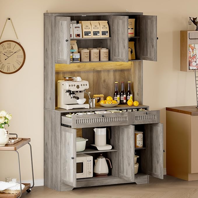 Pantry Cabinet with Charging Station and Light, Tall Kitchen Pantry Storage Cabinet with Microwave Stand, Wide Fluted Kitchen Hutch with Storage Drawers and Adjustable Shelves for Dining Room