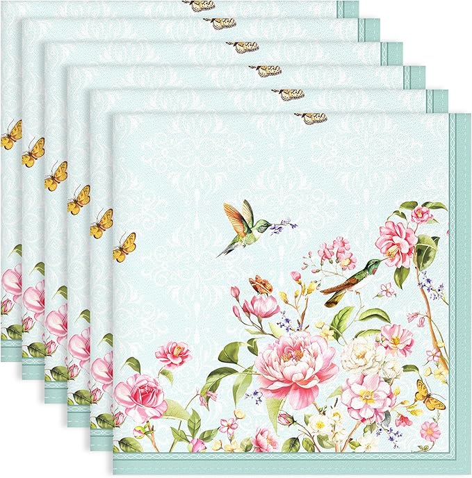 Bird Flower Napkins, 18×18 Inch French Country Dinner Cloth Napkins Set of 6, Washable Cotton Soft Absorbent Square Napkins for Dining Kitchen Party Wedding Decoration