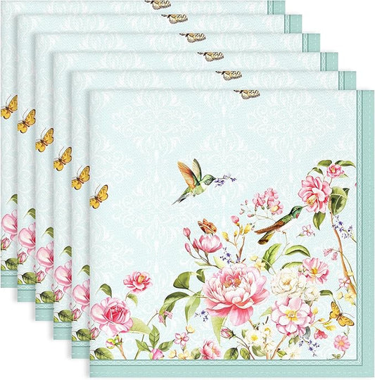 Bird Flower Napkins, 18×18 Inch French Country Dinner Cloth Napkins Set of 6, Washable Cotton Soft Absorbent Square Napkins for Dining Kitchen Party Wedding Decoration