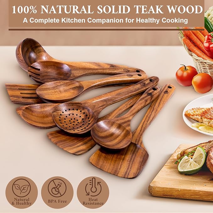9 Piece Wooden Spoons for Cooking, Natural Teak Wooden Utensils Set, Handmade Wood Kitchen Utensil Set with Hooks, Durable Nonstick, Comfort Grip, Heat Resistant Wood Cookware Tool