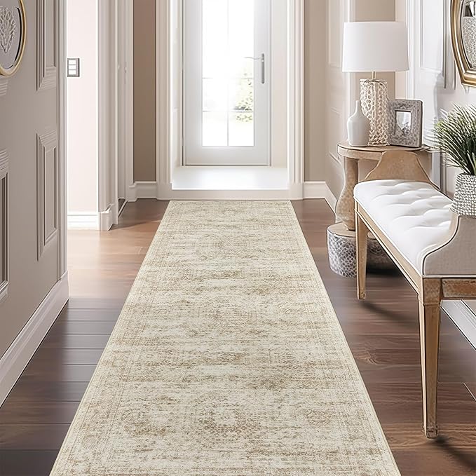 Long Bathroom Rugs Runner - Washable Runner Rugs for Hallway 2x10, Ultra-Thin Soft Kitchen Carpet Runner, Anti Slip Backing Runner Rugs for Entrance, Bedroom, Living Room(2'x10', Beige/Ivory)