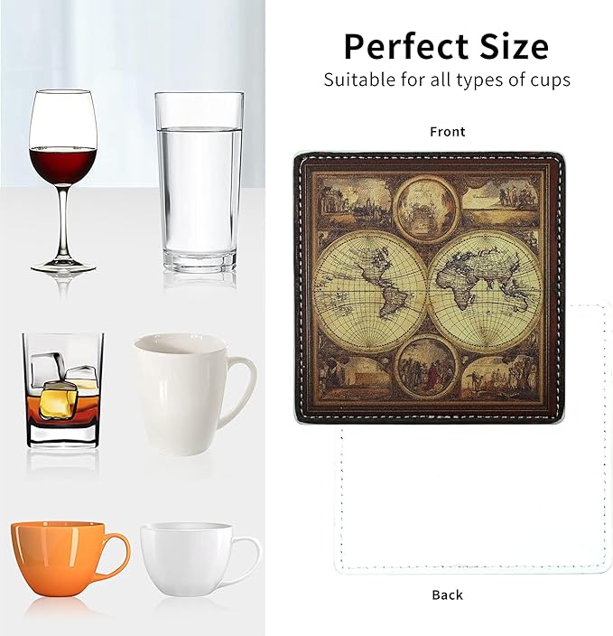 Marble Coasters Square Leather Drinks Coaster Set with Holder for Coffee Table Bar Home Decor 4 Inches Set of 6 (Old World Maps, One Size)
