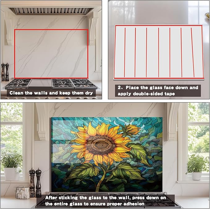 Evgosm Tempered Glass Backsplash for Kitchen， Stove Splashback, sunflower Glass Backsplash, Easy to Install and Clean, Used for Kitchen Wall Protection and Decoration. (30x16'')