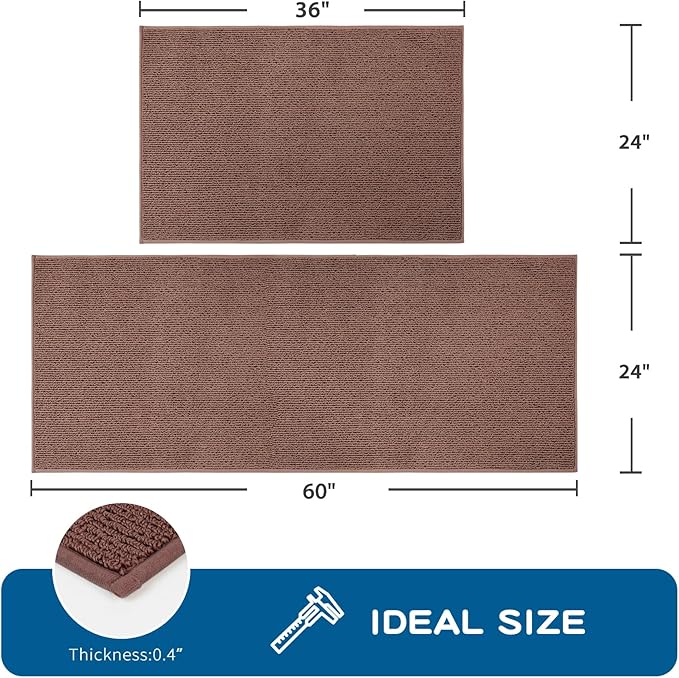 PURRUGS Machine Washable Kitchen Rug Set [2 PCS] (24" x 36"+ 24" x 60"), Non-Slip/Skid Kitchen Runner Rugs & Floor Mats, Super Absorbent Soft Area Rugs for Sink, Kitchen & Laundry, Brown