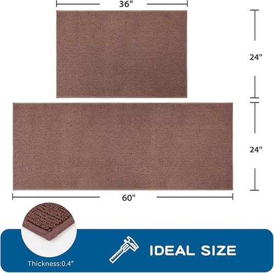 PURRUGS Machine Washable Kitchen Rug Set [2 PCS] (24" x 36"+ 24" x 60"), Non-Slip/Skid Kitchen Runner Rugs & Floor Mats, Super Absorbent Soft Area Rugs for Sink, Kitchen & Laundry, Brown
