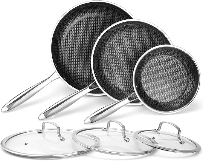 Tibbicc NonStick 6 Pcs Frying Pan Set 8, 10, and 12 Inch Fry Pans with Tempered Glass Lids, Stay-cooling Handle, PFOA Free Non Toxic Dishwash & Oven Safe Kithchen Cookware Set Compatible All Cooktops