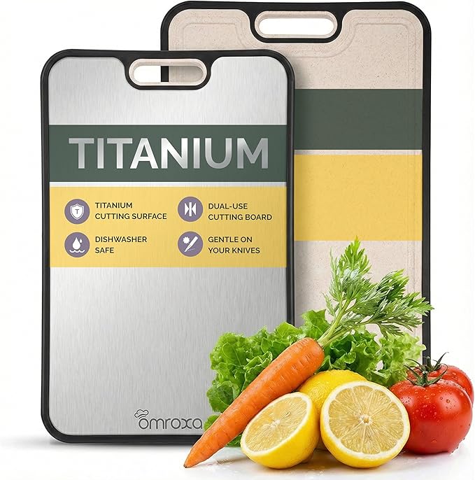 Titanium Cutting Board, Double-Sided Kitchen Chopping Board with Juice Groove, Food-Grade Titanium Surface & Wheat-Straw PP, Non-Slip, Dishwasher Safe, Kitchen Gift Idea, 15.1×10.4 in