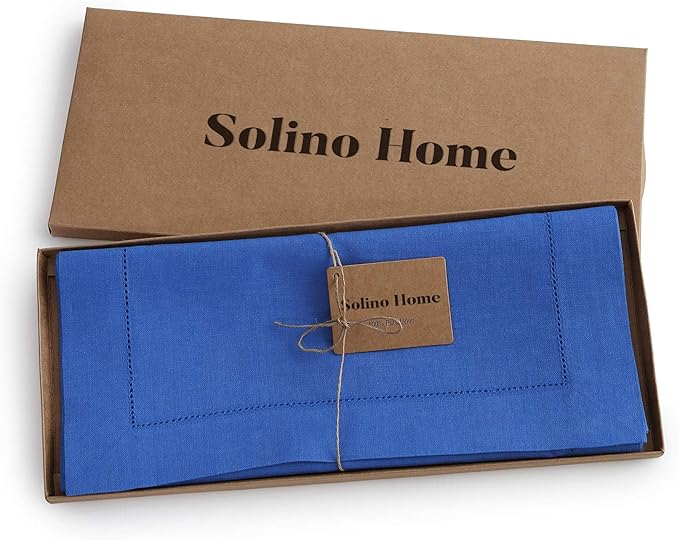 Solino Home Linen Royal Blue Table Runner 144 Inches Long - 100% Pure Linen Extra Long Table Runner 14 x 144 Inch for Spring - Classic Hemstitch