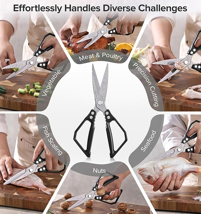 XINZUO Multi-Purpose Kitchen Shear,119 Layers Damascus Steel Heavy Duty Kitchen Scissors(Food-Grade Lridescent Finish), For Meat/Herbs/Poultry,With Black Aluminum Alloy Handle
