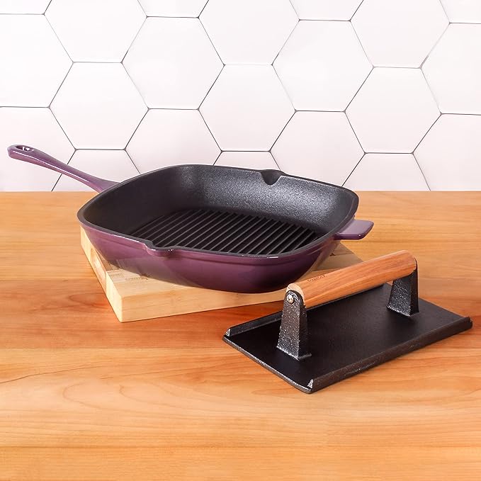 Berghoff Neo 2Pc Enameled Cast Iron Grill Set, Grill Pan 11 inches, Bacon/Steak Press 8 inches, Fast, Evenly Heat, Oven safe (Purple)