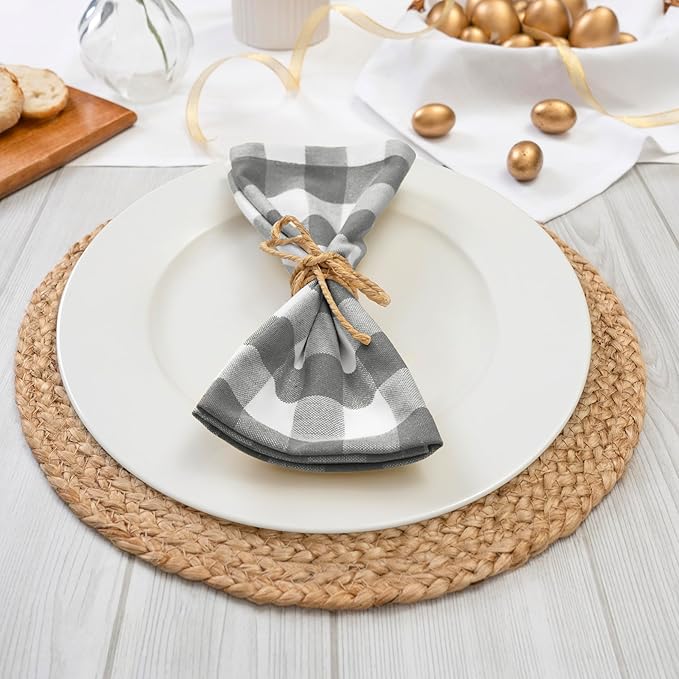 Blue Needles Gingham Buffalo Plaid Cloth Napkins 100% Cotton Set of 12 Dinner Table Napkins 18x18 inch Soft, Reusable, Washable Perfect for Wedding Parties & Everyday Use - Ash Grey & White