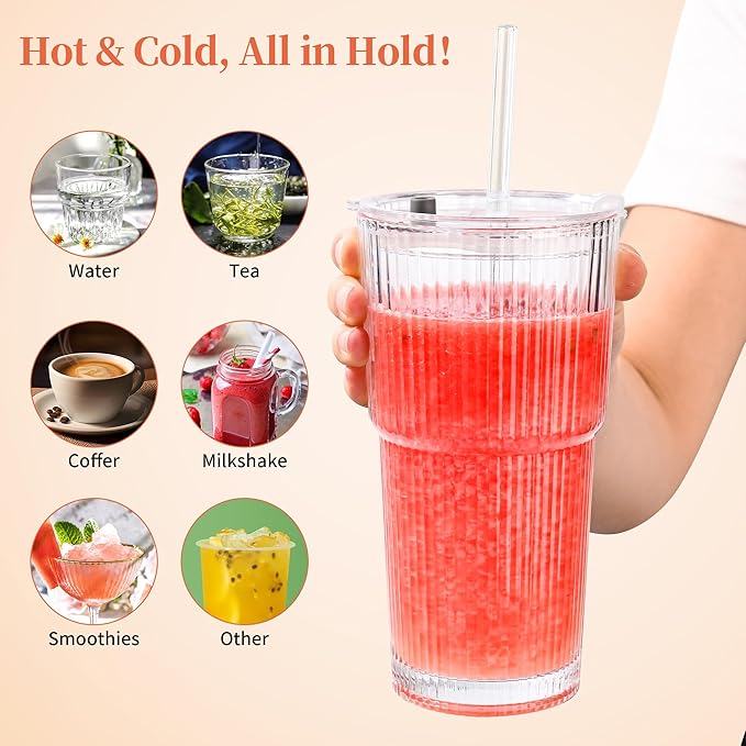 20 oz Ribbed Glass Tumblers With Lids and Straws,Clear Drinking Glasses Set of 4,Reusable Vintage Iced Coffee Cups,Leak Proof Thick Glass Cups for Juice,Cocktail,Smoothie,Beer,Boba
