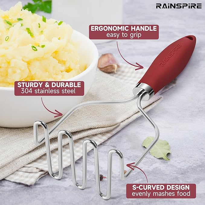 Rainspire Potato Masher Stainless Steel, Mashed Potato Masher Kitchen Tool, Durable Mash Potatoes Masher, Soft Non-slip Handle, Kitchen Utensils, Kitchen Gadgets, Red