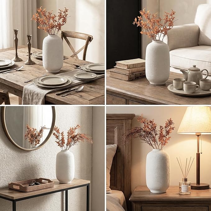 White Ceramic Flower Vase Home Decor - Large Tall Farmhouse Table Vases Rustic Living Room Kitchen Bedroom Decorations for House Book Shelf Office Coffee Desk，Hand-Made Textured Surface (10.8“ H)