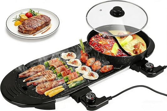 Electric Hot Pot with Grill, 2200W Shabu Shabu Korean BBQ Grill Cooker, 2-IN-1 Indoor Smokeless Non-Stick Hotpot, Separate Temperature Control, 5 Gears Firepower, for 2-10 People