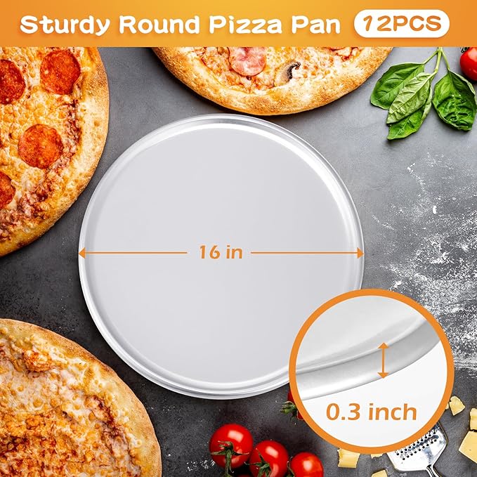 Rtteri 12 Pcs Pizza Pan Bulk Restaurant Aluminum Pizza Pan Set Round Pie Cake Plate Rust Free Cake Tray for Oven Baking Home Kitchen Restaurant Easy Clean (16 Inch)
