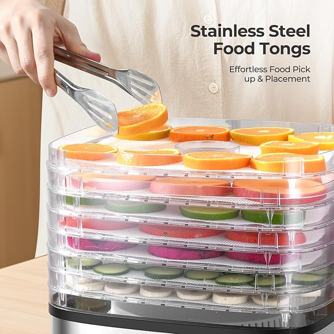 OSTBA 8-Tray Food Dehydrator, 72H Timer & Temp Control up to 158℉, Includes 8 Mesh Sheets, 1 Fruit Roll Tray, 1 Tongs, Recipe Book for Jerky, Fruit, Meat, Vegetables, Herbs, BPA-Free