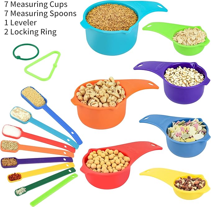 Plastic Measuring Cups and Spoons Set，Dry Measuring cups Set with Spout and Leveler for Kitchen and Baking, BPA free and Dishwasher Safe, Nesting Measuring Cups Colorful Set of 15