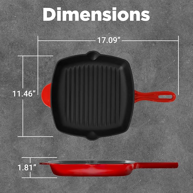 NutriChef Nonstick Cast Iron Grill Pan - 11-Inch Kitchen Square Skillet Grilling Pan, Enameled Steak w/Side Drip Spout For Electric Stovetop, Induction, Gas, Black (NCCIES47.5)