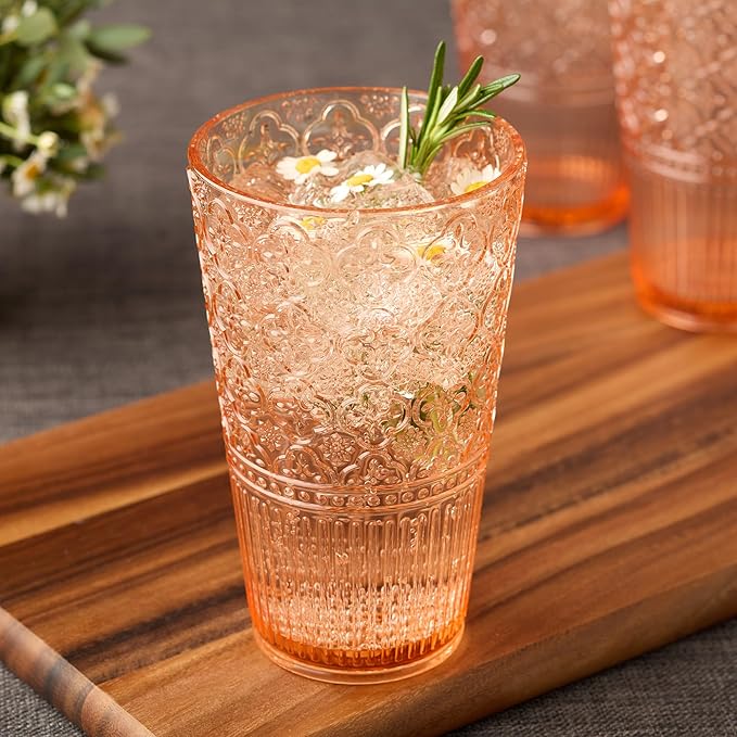 Victoria Blush Set of 6 Premium Acrylic Ice Tea Glass 22 oz – Unbreakable Glassware with Elegant Embossed Design, Dishwasher Safe for Indoor & Outdoor Use