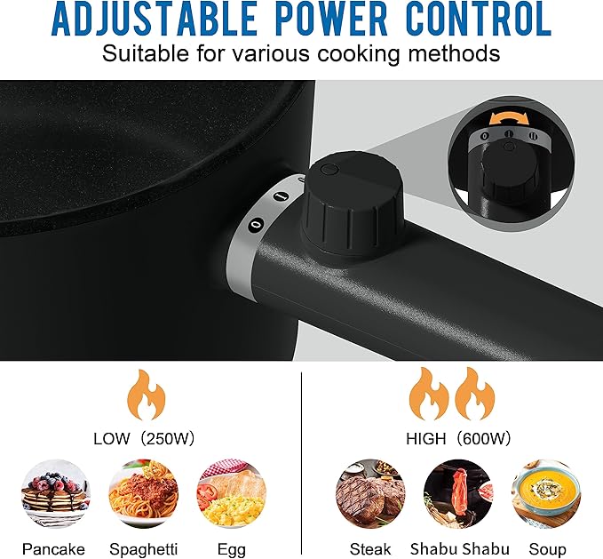 Topwit Hot Pot Electric, 1.5L Ramen Cooker, Portable Non-Stick Frying Pan, Electric Pot for Pasta, Steak, BPA Free, Electric Cooker with Dual Power Control, Over-Heating & Boil Dry Protection, Black