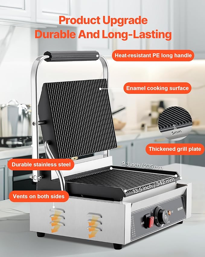 VEVOR Commercial Panini Grill, 1800W Electric Sandwich Panini Maker, Stainless Steel Sandwichs Press with Handle and Temp Control, 13.5x9.3 in Full Grooved Enamel Plate, for Hamburger Steak Bacon
