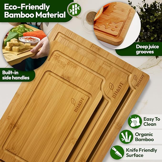 BH&DT bamboo cutting board set of 3,bamboo cutting boards for kitchen with juice groove, meat board cutting board with handle, chopping gift set,professional kitchen board,