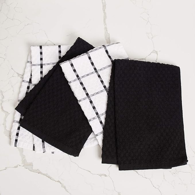 Kitchen Towels - Dish Towels and Dish Cloths - Hand Towel and Dishcloths Sets - 100% Soft Ring Spun Combed Cotton - Great for Cooking in Kitchen or Household Cleaning - Size 15" x 25" (Black, 12)