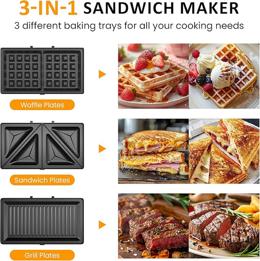 Sunvivi Waffle Iron, Panini Press Grill and Sandwich Maker Set, 3 in 1 Electric Sandwich Press with Removable Non-Stick Plates, Indicator Lights