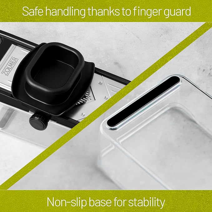 Professional Mandoline slicer for kitchen - Adjustable Vegetable Slicer with Two Extra-Sharp Julienne Blades - Veggie Slicer with Finger Guard and Collection Tray - Potato slicer, Cucumber Slicer